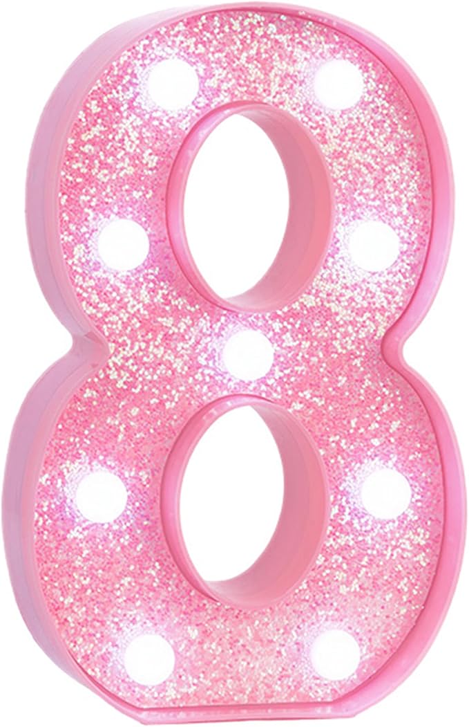 Pink Light Up Marquee Numbers, Glitter LED Number Lights Signs Battery Operated for Girls 8th 18th 28th Pink Birthday Party Table Decorations, 8 Inch Tall Number 8 with Cool White Lights