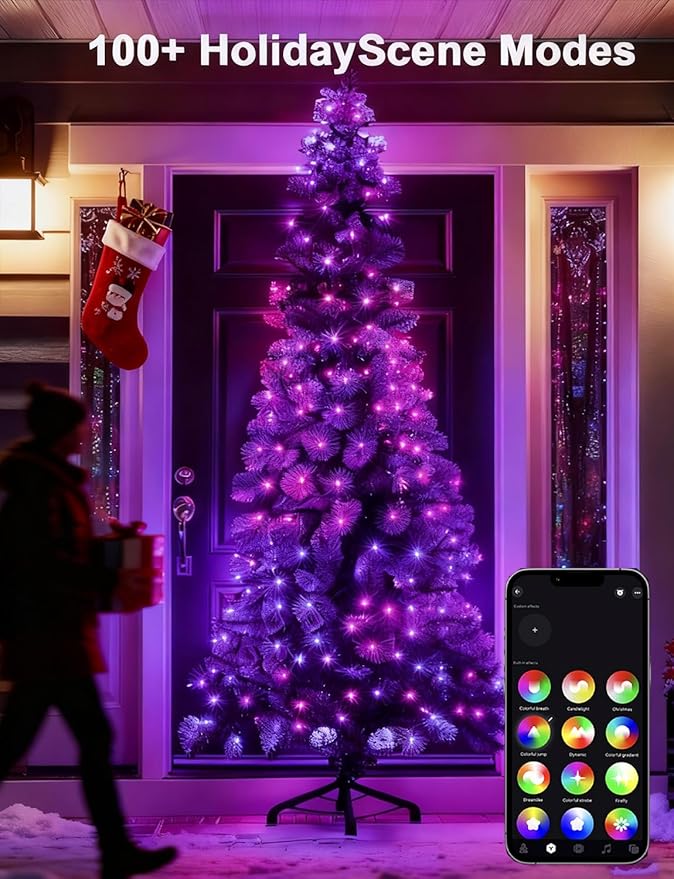 echosari Christmas Lights 33Ft RGB Color Changing IC, 100 LED Smart String Light with App Control, Music Sync Wreath Lights for Yard Garden Tree Decor (Dark Green Cable)