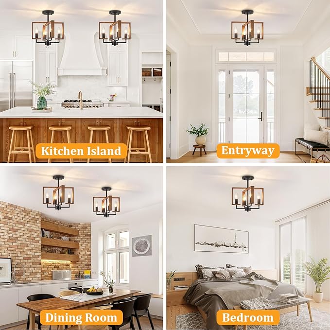 4-Light Farmhouse Ceiling Light, Semi Flush Mount Ceiling Light Fixture, Kitchen Island Lighting Rustic Wood Metal Geometric for Hallway Dining Room Entryway Laundry Bedroom