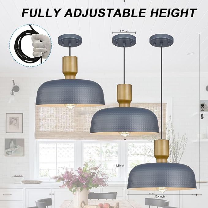 Farmhouse Pendant Lights, 2pcs Adjustable Hanging Light Fixtures with Hammered Metal Shade, 12.4 inch Pendant Lighting for Kitchen Island, Blue