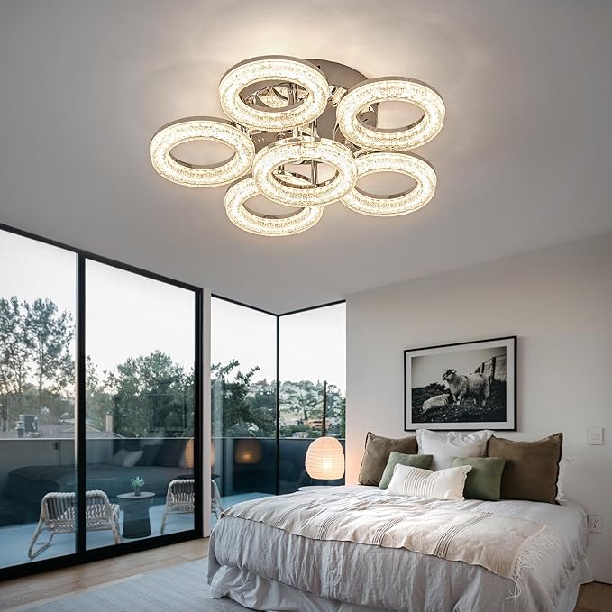 OKELI Modern Ceiling Light, 6 Rings 17.7'' Dimmable LED 60W Flush Mount Ceiling Lights with Remote Acrylic Crystal Round Ceiling Light Fixture, Bedroom Living Room Dining Room, Chrome