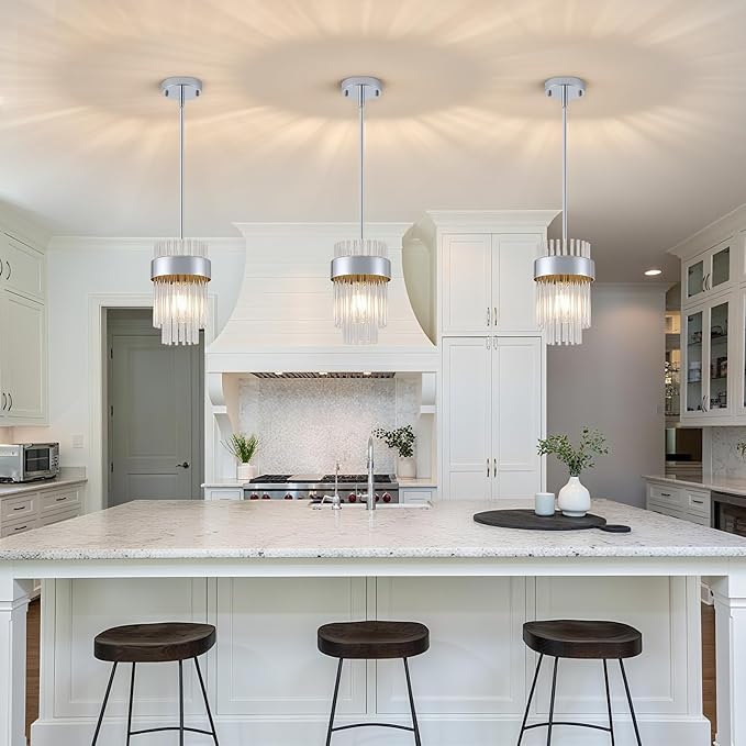 Dijiahua Chrome Pendant Lights Kitchen Island 3 Pack, Modern Hanging Kitchen Pendant Lighting Over Sink with Crystal Glass,Small Chandeliers Fixtures Adjustable Cord Hanging Lighting