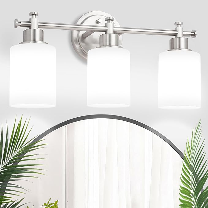 3-Light Bathroom Vanity Light Fixtures, Brushed Nickel Bathroom Wall Sconce, Modern Vanity Light with Milky White Glass Shade Over Mirror, Bathroom, Bedroom, E26 Base, 17 Inch