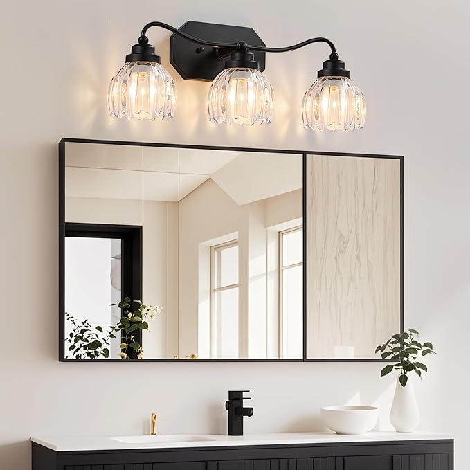 Vintage Bathroom Light Fixtures, 3 Light Bathroom Vanity Light, Black Matte Antique Brass Finish with Crystal Glass Shade, Mid Century Wall Sconces for Bedroom, Living Room, Hallway