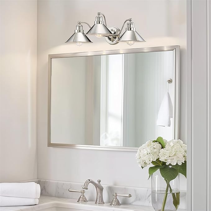 Kira Home Welton 25.5" 3-Light Modern Farmhouse Vanity Light with Funnel Shades, Industrial Wall Sconce Bathroom Light, Polished Nickel Finish