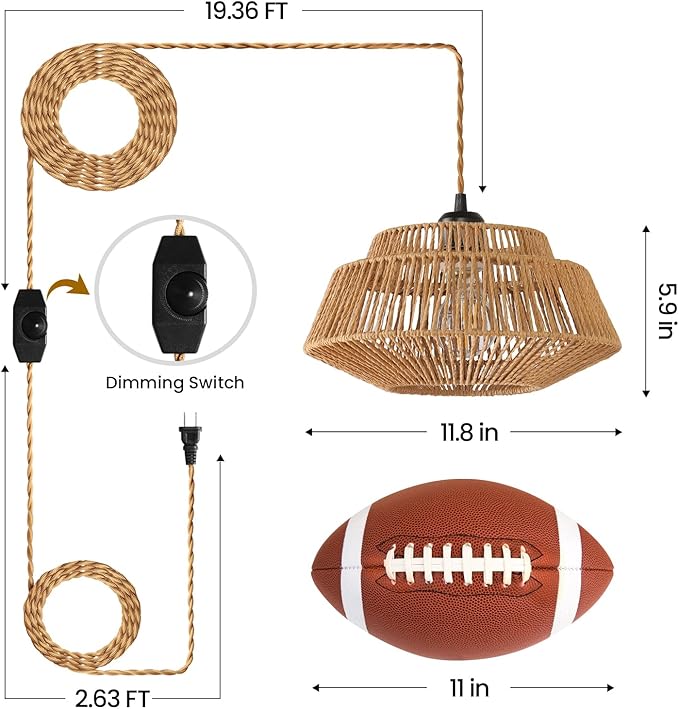 Epinl Hanging Lamp Plug in Pendant Light - Boho Hanging Light 11.8 inch Rattan Pendant Lights for Ceiling Dimmable Hanging Lamps for Living Room Bedroom Kitchen Farmhouse with 23ft Cord