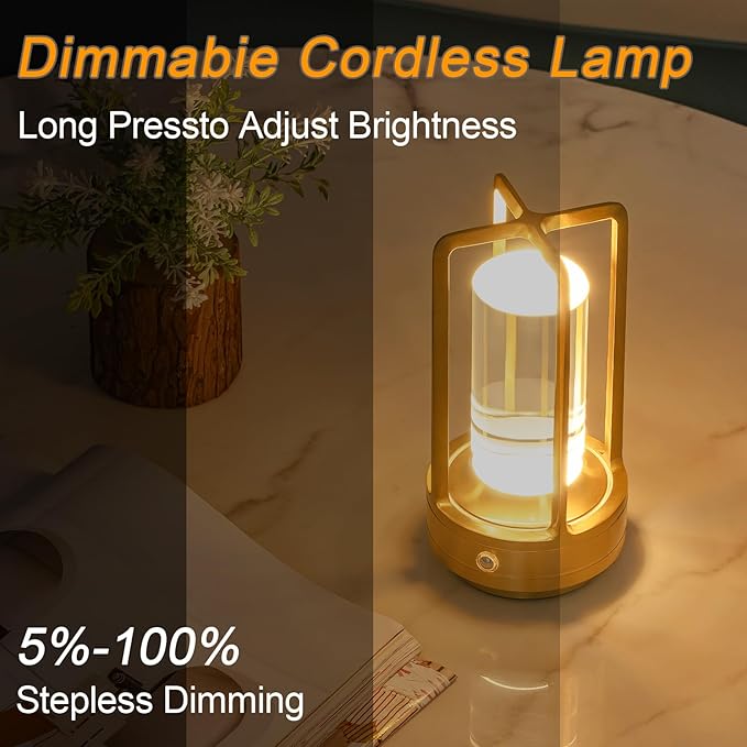 Rechargeable Table Lamp Cordless, 3 Color | Crystal | Stepless Dimming, for Bedroom, Cafe, Camping, Bar, Dining Table, Restaurant, Gold (2 Pack)