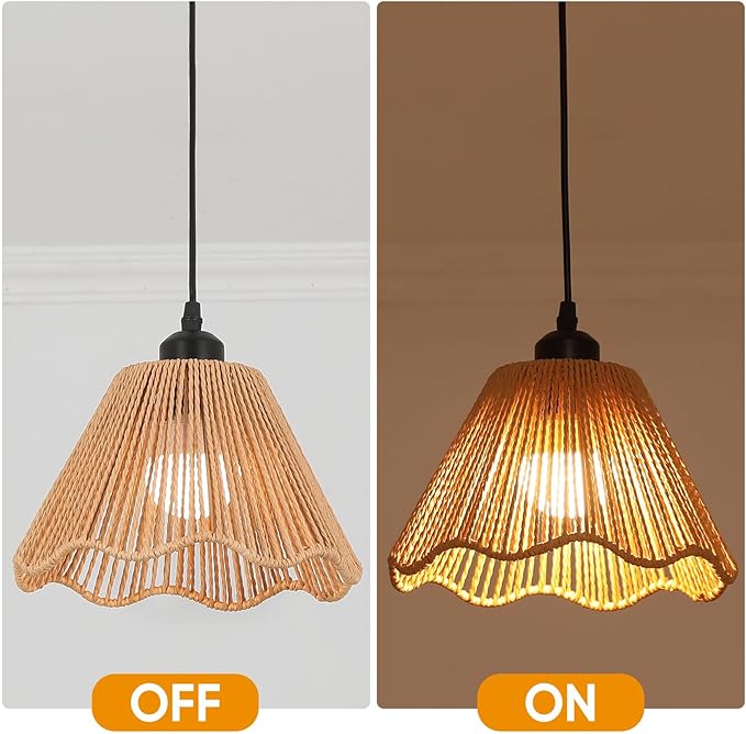 Boho Battery Operated Pendant Lights,Rechargeable Pendant Light with Remote,Rattan Pendant Light Fixtures for Kitchen Island,Boho Hanging Lights for Dining Room Bedroom Hallway Entryway(2 Pack)