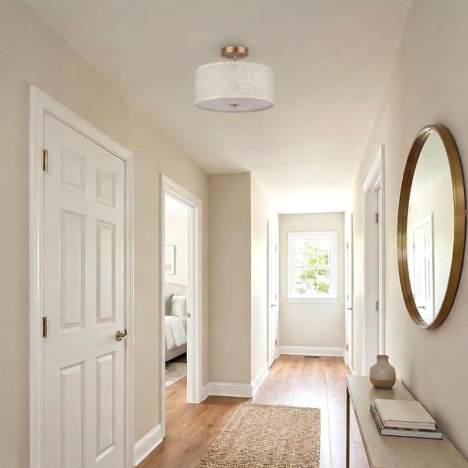 13" Boho Rattan-Style Semi Flush Mount Ceiling Light Fixture, 3-Light Modern Fabric Shade Drum Lamp, White Rustic Lighting for Bedroom, Kitchen, Dining Room, Living Room, Hallway, Entryway