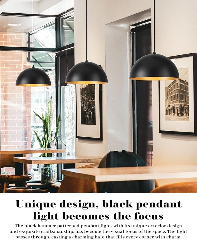 Large Pendant Lights Kitchen Island 3 Packs, 16 inch Black and Gold Dome Pendant Light, Industrial Farmhouse Pendant Lights Fixtures Metal for Kitchen Island, Dining Room, Cafe, Bar