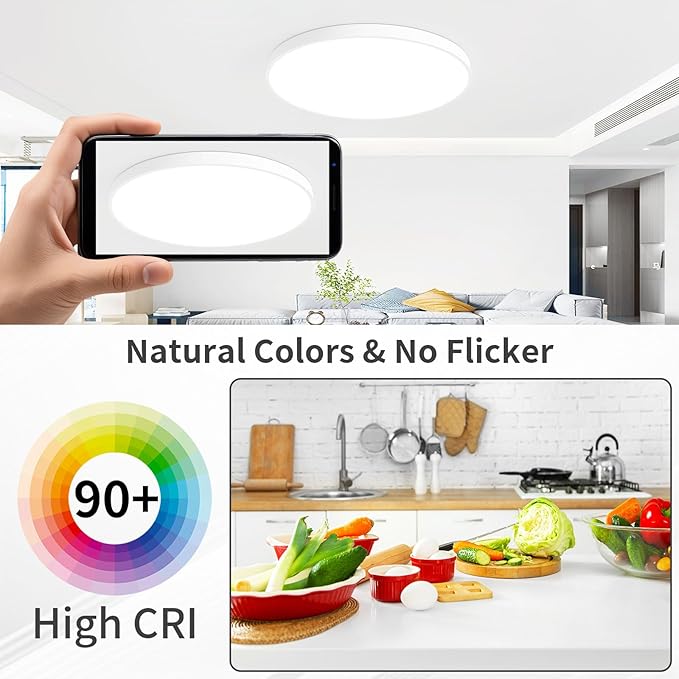24 Inch Flush Mount Ceiling Light Fixture, Dimmable with Remote, 3000K-6500K Adjustable Color, 48W 4800Lm Ultra Thin Modern Round LED Ceiling Light, White for Bedroom, Kitchen, Living Room