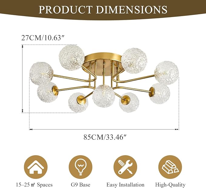 Sputnik Semi Flush Mount Ceiling Light Gold Glass Globe Chandelier Ceiling Lighting Mid Century Modern 9 Lights Bubble Chandelier for Dining Living Room Bedroom