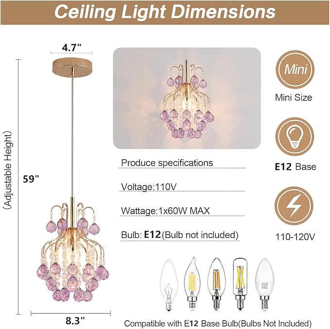 Surpars House Elegant Mini Chandelier Crystal Pendant Light,Purple (Flush Mount Type)