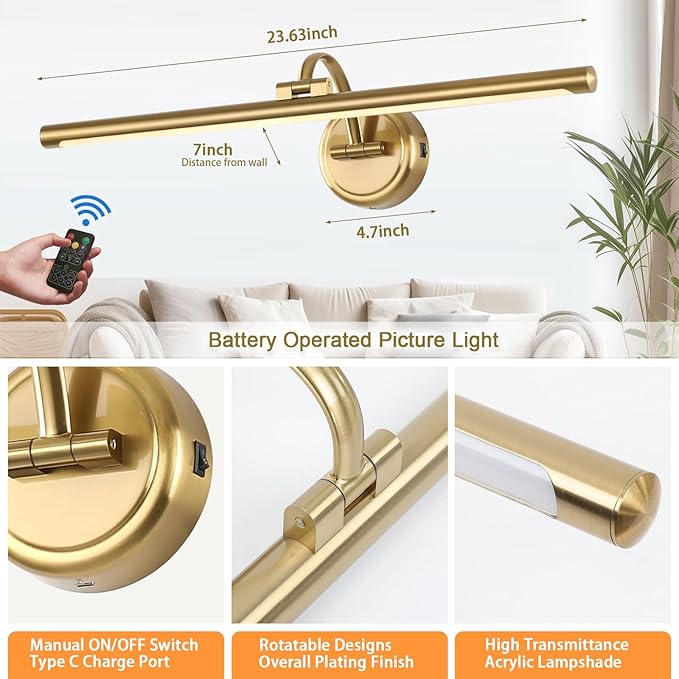 Picture Light for Wall, Dimmable Battery Operated Art Light, Picture Frame Light with Remote & Timer, Cordless Wall Sconce with 3 Colors Temperature for Pantings, Photo Gallery(Brass, 23.6inch)