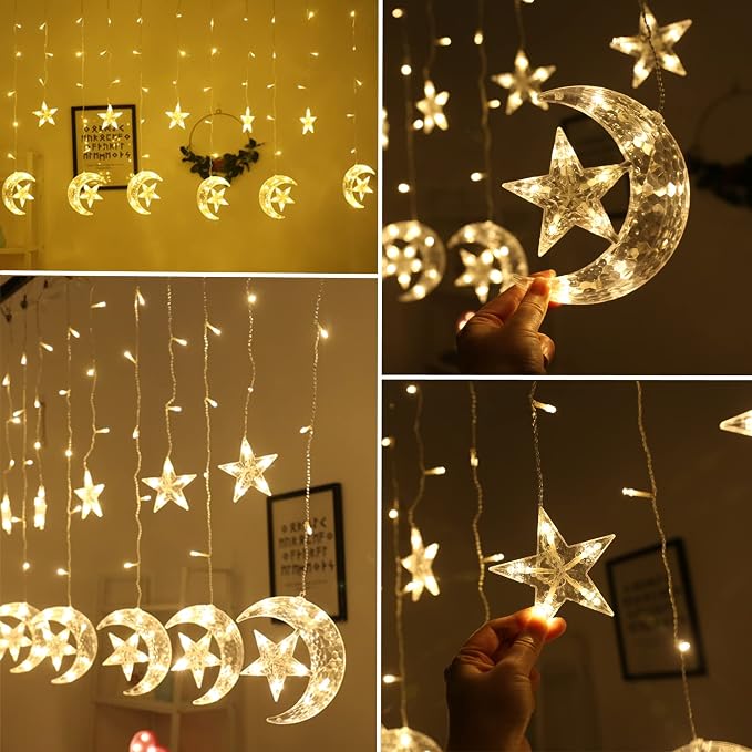 WATERGLIDE 138 LED Star Moon Curtain Decorative Lights, Window Curtain Fairy String Lights, Remote Control & USB Plug, 8 Lighting Modes for Home Holiday Ramadan Christmas Wedding Party, Warm White