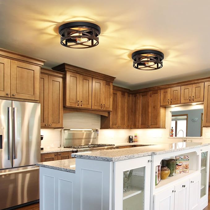 ZHU YAN 2 Pack Flush Mount Ceiling Light,Farmhouse Hallway Lighting Fixtures,Industrial Light Fixtures Ceiling Mount for Kitchen,Entryway,Bedroom,E26 Base