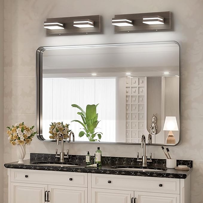 SineRise LED Modern Bathroom Vanity Light Fixtures (2-Light, 15.5-Inch, Dimmable), Brown Wood Painted Modern Acrylic Bathroom Wall Lighting Fixtures Over Mirror (Cool White 6000K)