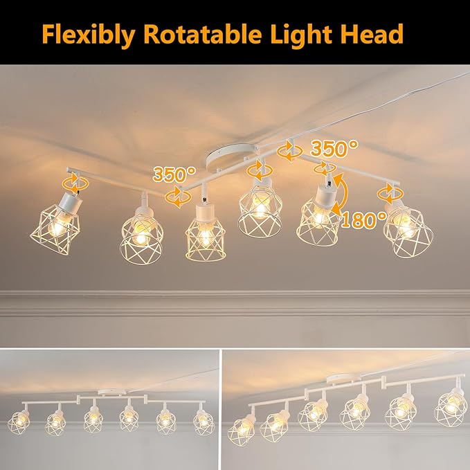 Dimmable 6 Light Plug in Ceiling Light,White Plug in Track Lighting Kit with 16.5' Cord,Flexibly Rotatable Light Head,Modern Industrial Farmhouse Style(Bulbs Not Included)