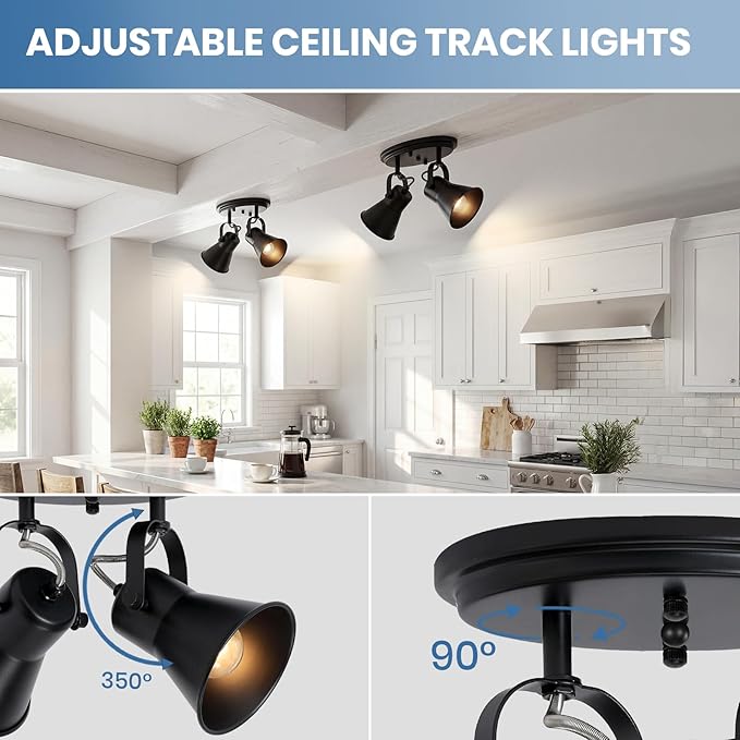 SEEBLEN Black Kitchen Lighting Fixtures Ceiling, 2-Light Adjustable Track Light, Flush Mount Directional Ceiling Light for Hallway, Dining Room, Bathroom