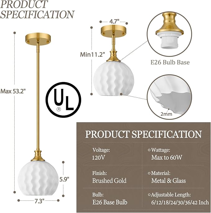 Brushed Gold Pendant Lights Kitchen Island, 7.3" Modern Milk Glass Pendant Light Fixtures with Rods, Adjustable Height Hanging Lighting for Kitchen Sink Bathroom Dining Room