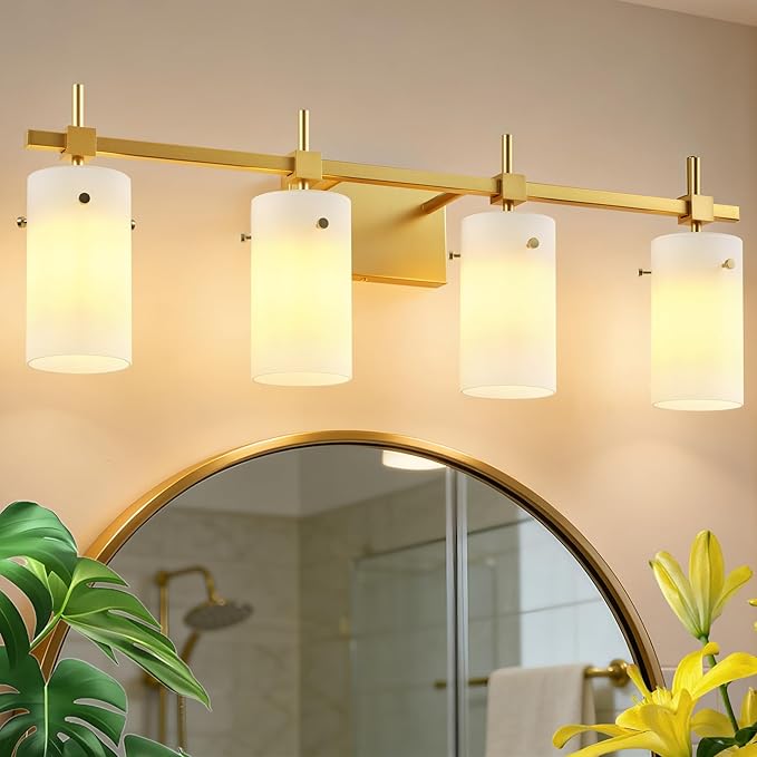SOLFART Bathroom Light Fixtures, 4 Light Vanity Lights for Bathroom, Gold Wall Light with Milky White Glass for Mirror, Living Room, Hallway, Cabinet, E26 Base (Bulbs Not Included)