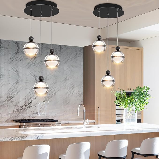 Black Pendant Lights 3-Light Globe Cluster Adjustable Hanging Ceiling Light Modern LED Dining Room Light Fixtures Over Table for Kitchen Island