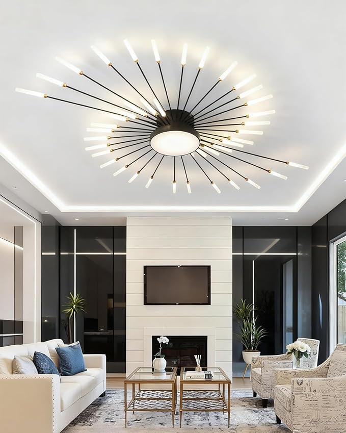51 Inch Modern LED Ceiling Light 42+1 Lights Ceiling lamp Flush Mount Chandelier Black Interior Lighting for Living Room Dining Room Bedroom 4000K Fireworks Decoration Close to Ceiling Light