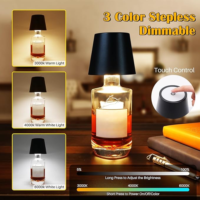 2PCS Wireless Bottle Lamp,Metal Wine Bottle Light with 3 Color Light Dimming, Waterproof Bottle Touch Lamp Head for Room, Bar, Restaurants, Party, Decor & Gifts (Black)
