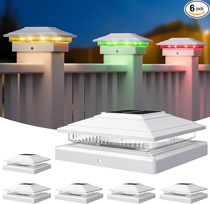 APONUO Solar Post Cap Lights Color Changing - RGB 8 Solid & Gradient Colors, IP65 Waterproof, for 4x4 5x5 6x6 Wood Vinyl Fences, Deck, Patio, Yard, White, 6 Pack