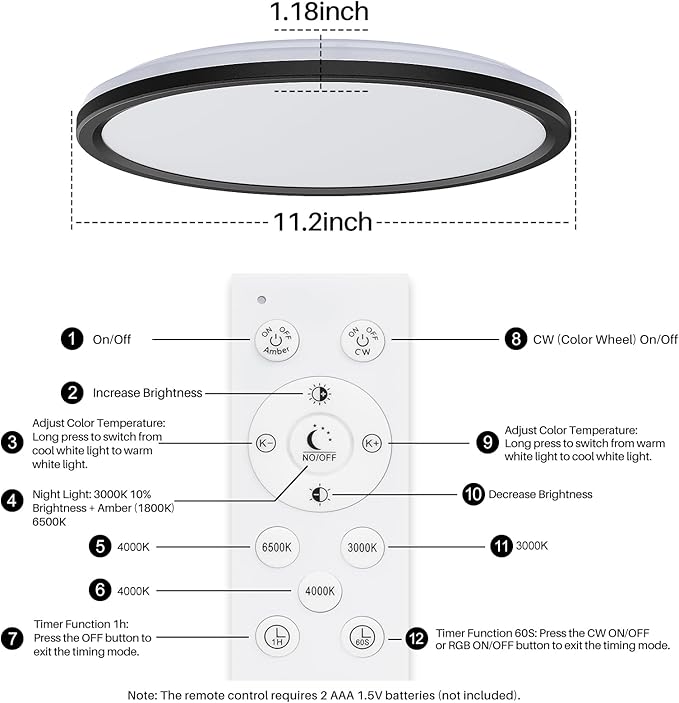 AmazeFan 12 Inch LED Ceiling Light Dimmable - 24W 2400LM Modern Wired Ceiling Lamp with Remote - 6W Night Light Warm - LED Flush Mount Ceiling Lights for Bedroom Kitchen Living Room Round (White)