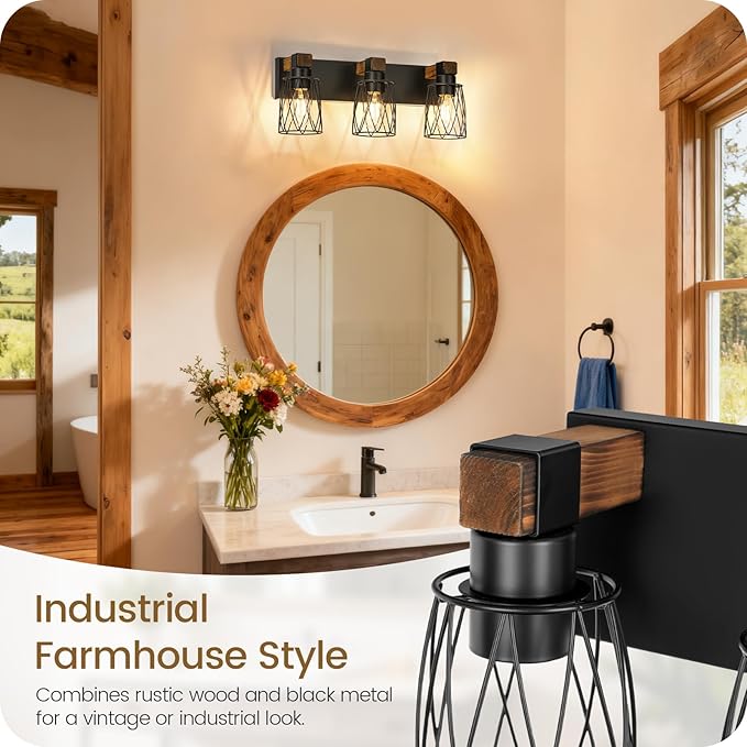 Industrial Farmhouse Bathroom Vanity Light, 3-Light Wood and Metal Wall Light Fixture, E26 Bulbs Not Included, for Bathroom, Vanity, Hallway, Black and Rustic Brown B19BD05