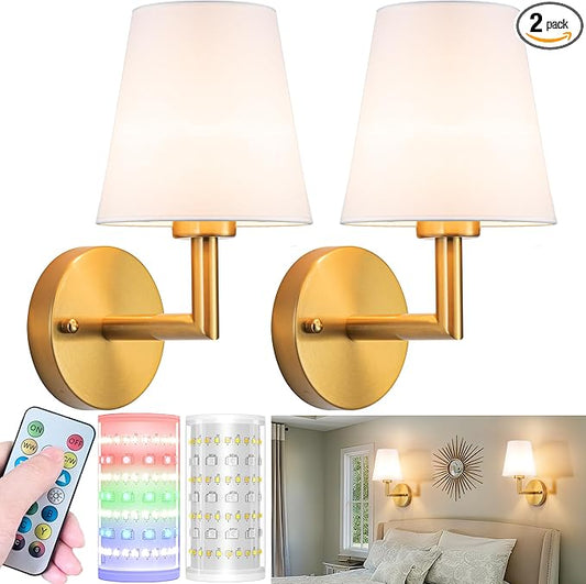 Nekhung Battery Operated Wall Sconces Set of 2, Wireless Wall Light with 10000mAh RGB Dimmable Magnetic Bulb, Rechargeable Wall Sconce with Remote Control for Bedroom Living Room