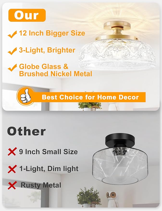 Semi Flush Mount Ceiling Light, 12 Inch Large Gold Ceiling Light Fixture, 3-Light Globe Glass Farmhouse Kitchen Lighting Fixtures for Bathroom, Hallway, Dining Room (Bulb Not Included)
