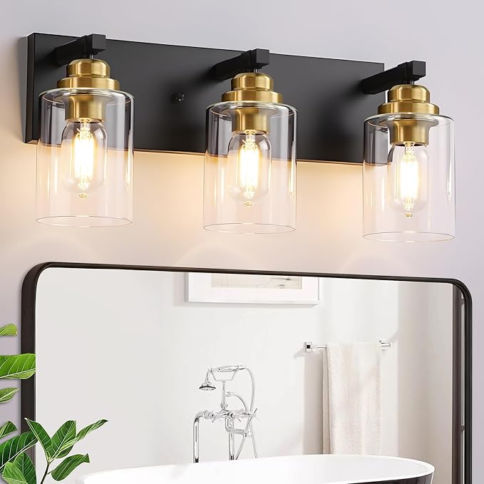 Black and Gold Bathroom Light Fixture, 3 Light Brushed Gold Vanity Light, 18.8" Modern Farmhouse Bathroom Lighting Fixtures Over Mirror, with Clear Glass Shade, Vanity Lights for Bedroom Hallway