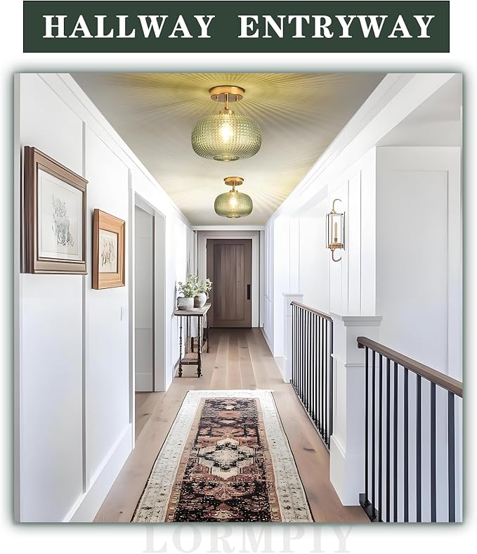 Modern Semi Flush Mount Ceiling Light, Vintage Green Glass Shade with Adjustable Hanging Gold Sloped Ceiling Lights Fixtures for Hallway Entryway Kitchen Bedroom Laundry Room,1-Light,9.84 Inch