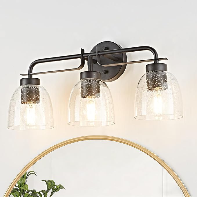 3-Light Farmhouse Bathroom Vanity Light Fixtures, Modern Industrial Black Vanity Lights for Bathroom Light Fixtures with Vintage Bubble Glass Shade Wall Sconce for Mirror, Bedroom, Hallway