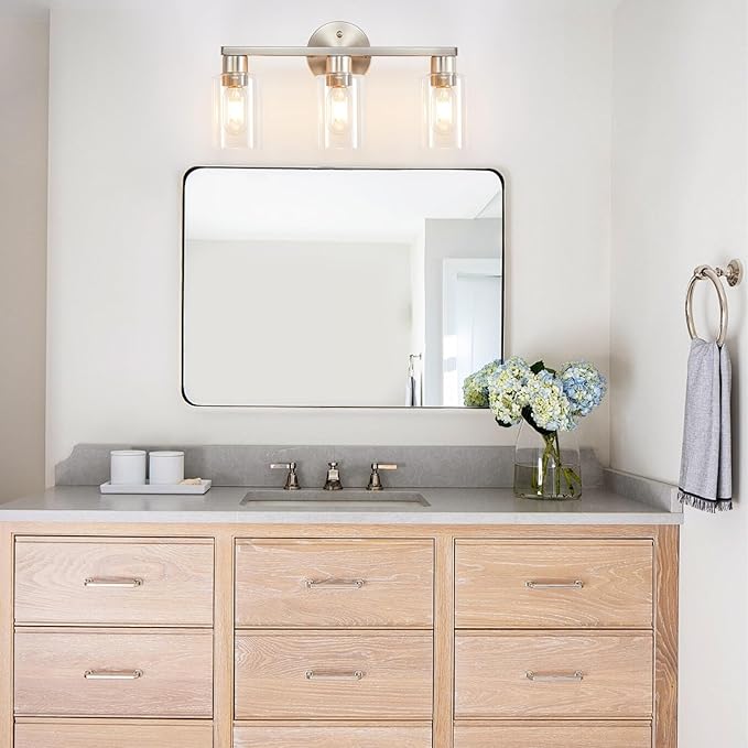 Brushed Nickel Bathroom Light Fixture 3-Light Bathroom Vanity Light Brushed Nickel 3 Light Vanity Lights for Bathrrom with Clear Glass Shades for Living Room Bedroom(E26 Socket)