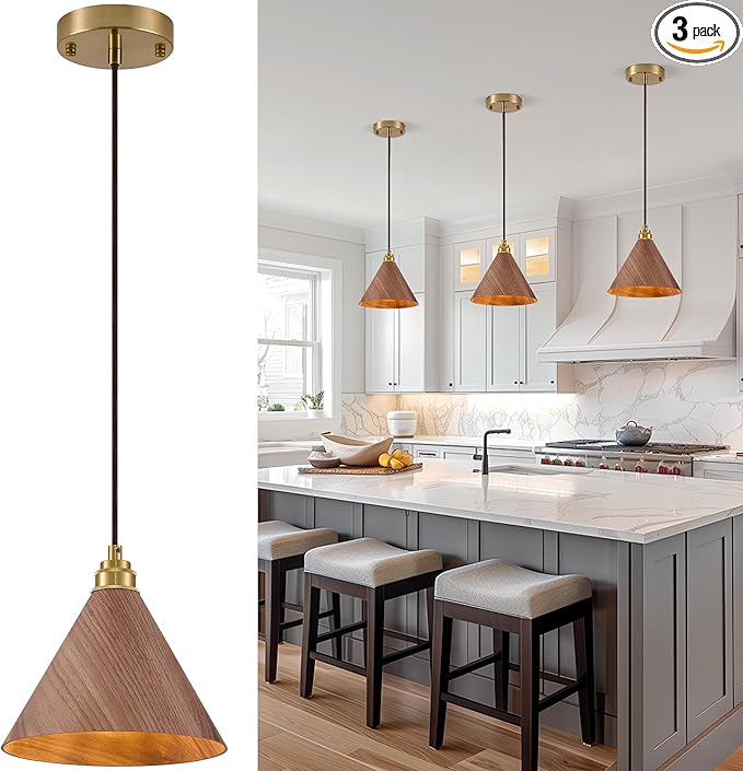 3 Pack Pendant Lights Kitchen Island, 8.3” Small Wood Pendant Light, Adjustable Height Hanging Light Fixtures, Kitchen Island Lights for Dining Room, Bedroom, Hallway, Bar (Walnut)