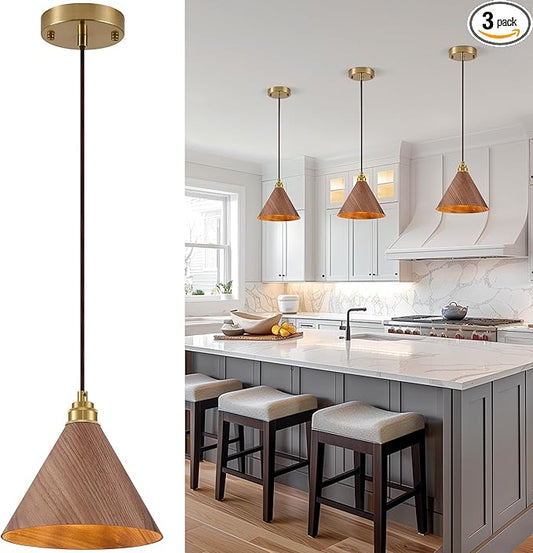 3 Pack Pendant Lights Kitchen Island, 8.3” Small Wood Pendant Light, Adjustable Height Hanging Light Fixtures, Kitchen Island Lights for Dining Room, Bedroom, Hallway, Bar (Walnut)