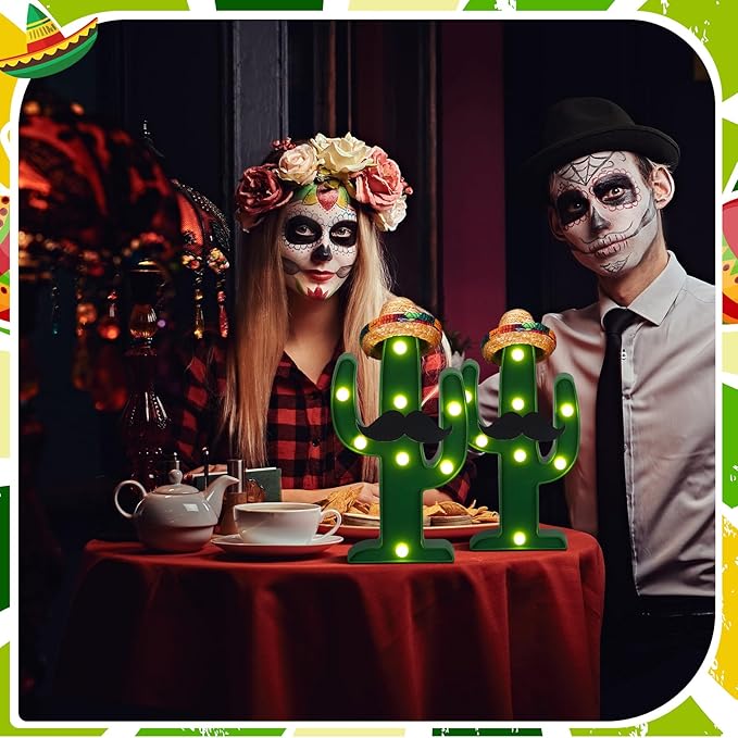 Fiesta Mexican Party Decoration LED Cactus Light with Mini Sombrero Straw Hats and Fake Beard Cinco De Mayo May 5th Table Decor Mexican Party Supplies for Fiesta Taco Table Room Bedroom Decor(24 Pcs)