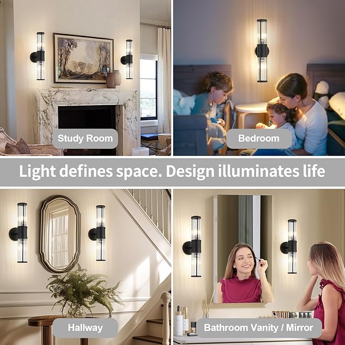 Wall Sconces Set of 2, Farmhouse Vanity Lights Fixtures for Bathroom, 2-Light Modern Bath Wall Mount Lamp with Glass Rods Shade for Hallway, Living Room, Mirror, Kitchen