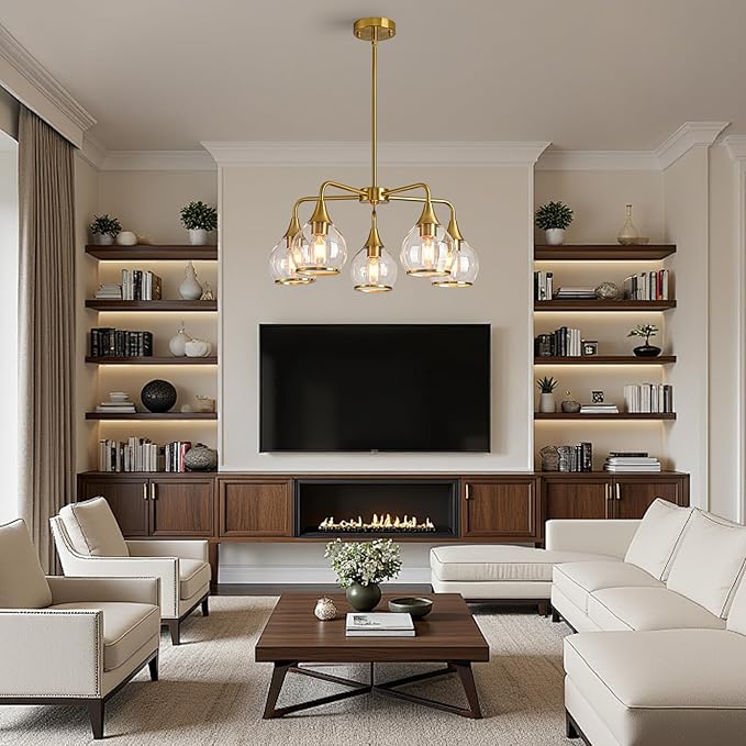 Island Light for Kitchen, 5-Light Gold Kitchen Island Linear Hanging Light Chandeliers Dining Room Light Fixture Over Table with Clear Round Glass Shades