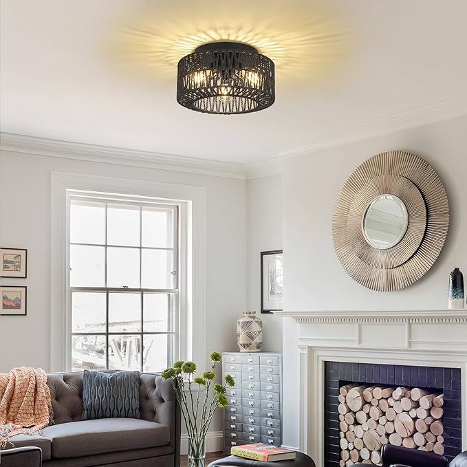 Rattan Light Fixtures, 3-Light Boho Flush Mount, Farmhouse Ceiling Light with Hand-Woven Shade, Modern Chandelier for Living, Bedroom, Entryway, Kitchen, Nursery