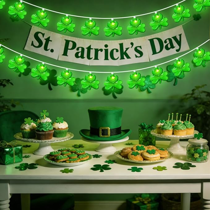 20 LED Clear Green Shamrock String Lights, 12FT St Patricks Day Lights String Outdoor Waterproof with 20 LED Light for Rish Shamrock St Patrick's Day Party Indoor Home Window Porch Garden Decorations