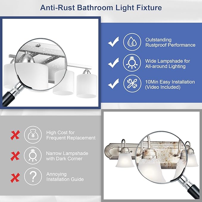 Bathroom Lighting Fixtures Over Mirror, Anti-Rust Vanity Light Fixture for Bathroom, Modern 4-Light Wall Sconce Light for Living Room, E26 Base, Milky White Glass Shades, Bulbs Not Included