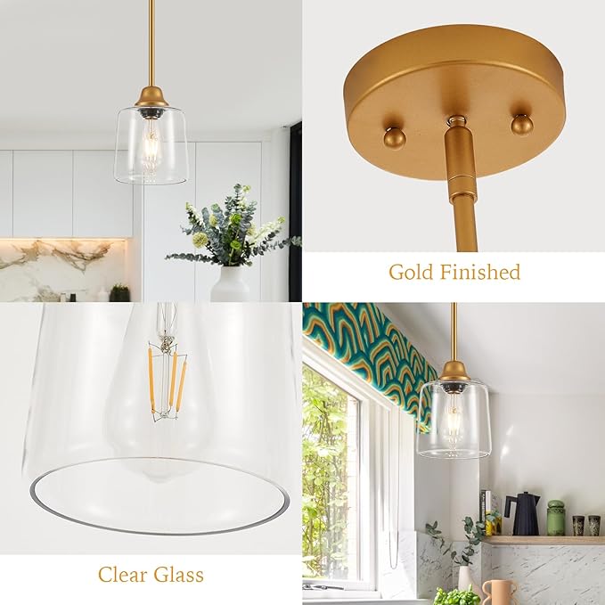 VILUXY Gold Glass Pendant Light for Kitchen Island,1 Light Hanging Pendant Lighting Fixture Clear Glass Shade Mini Modern Farmhouse Ceiling Light for Dining Room, Over Sink
