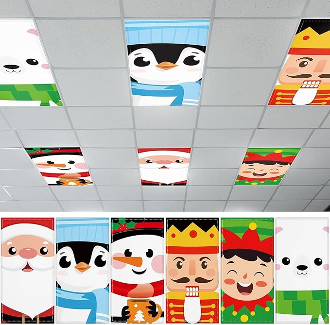 6 Pcs Fluorescent Light Covers with 60 Magnets Decorative for Classroom Ceiling Lights 4 x 2 Feet Magnetic Light Cover Filter Easy Install for Office Hospital Home Ceiling Supplies (Christmas role)