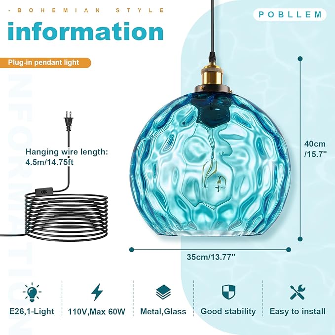 Globe Hanging Light Fixture with Plug in Cord, Blue Coastal Pendant Lighting Plug in, 13.8" Large Hammered Glass Hanging Swag Lamp for Kitchen Dining Room Living Room Bedroom