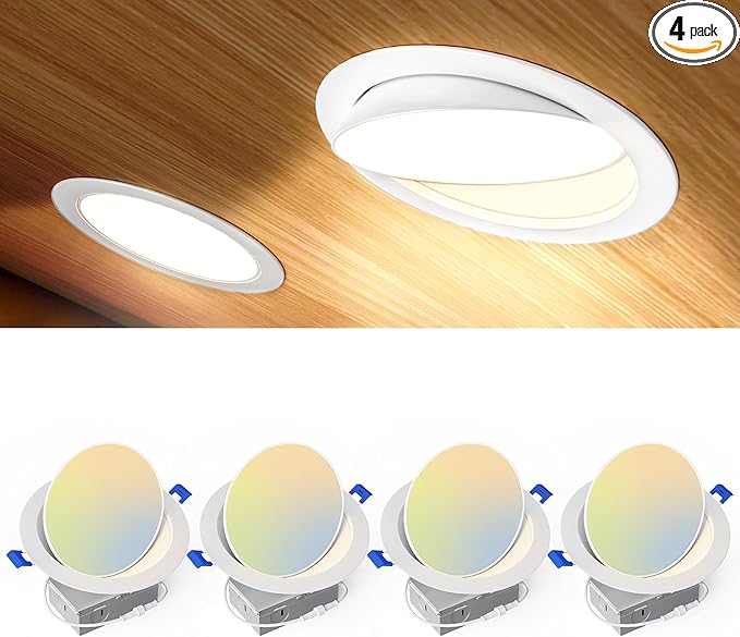 Ensenior 4 Pack 6 inch 5CCT LED Eyeball Recessed Lighting, 360°+90° Rotatable, Dimmable Gimbal Recessed Lights, CRI90+, Canless Angled Adjustable Ceiling Downlight, 1300LM, 12W=115W, 120V - ETL&FCC