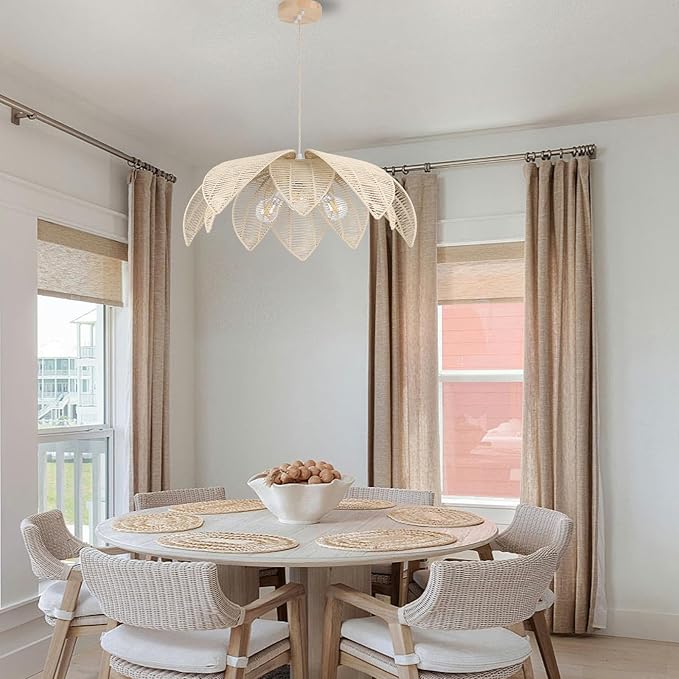 24”Hand Woven White Rattan Chandelier, 3-Lights Boho Light Fixture Adjustable Coastal Pendant Light for Kitchen Island Dining Living Room